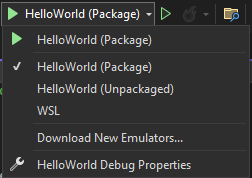 Schermopname van de vervolgkeuzelijst die naast de knop Afspelen is geopend en 'HelloWorld (Pakket)' is geselecteerd.