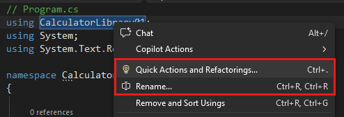 Screenshot die Refactoring laat zien in Visual Studio.