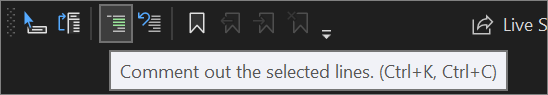 Schermafbeelding van de knop Uitschakelen van commentaar op de werkbalk Teksteditor in Visual Studio 2022.