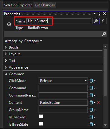 Screenshot met de Solution Explorer venster Eigenschappen in Visual Studio 2022 voor de 'HelloButton' RadioButton.