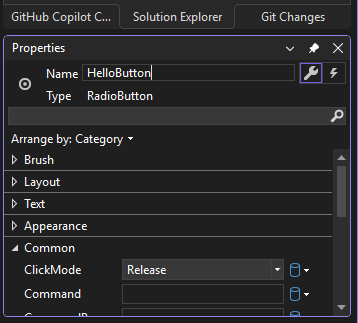 Schermopname met de Solution Explorer venster Eigenschappen voor de 'HelloButton' RadioButton.