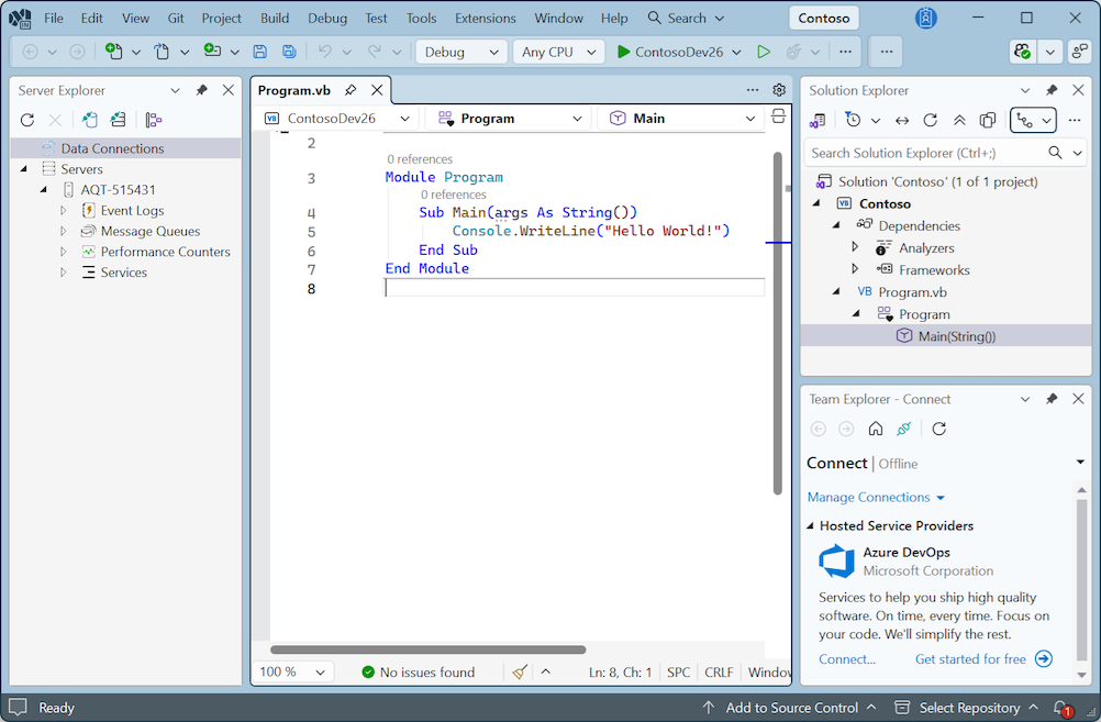 Schermafbeelding met Visual Studio in Cool Breeze-thema.