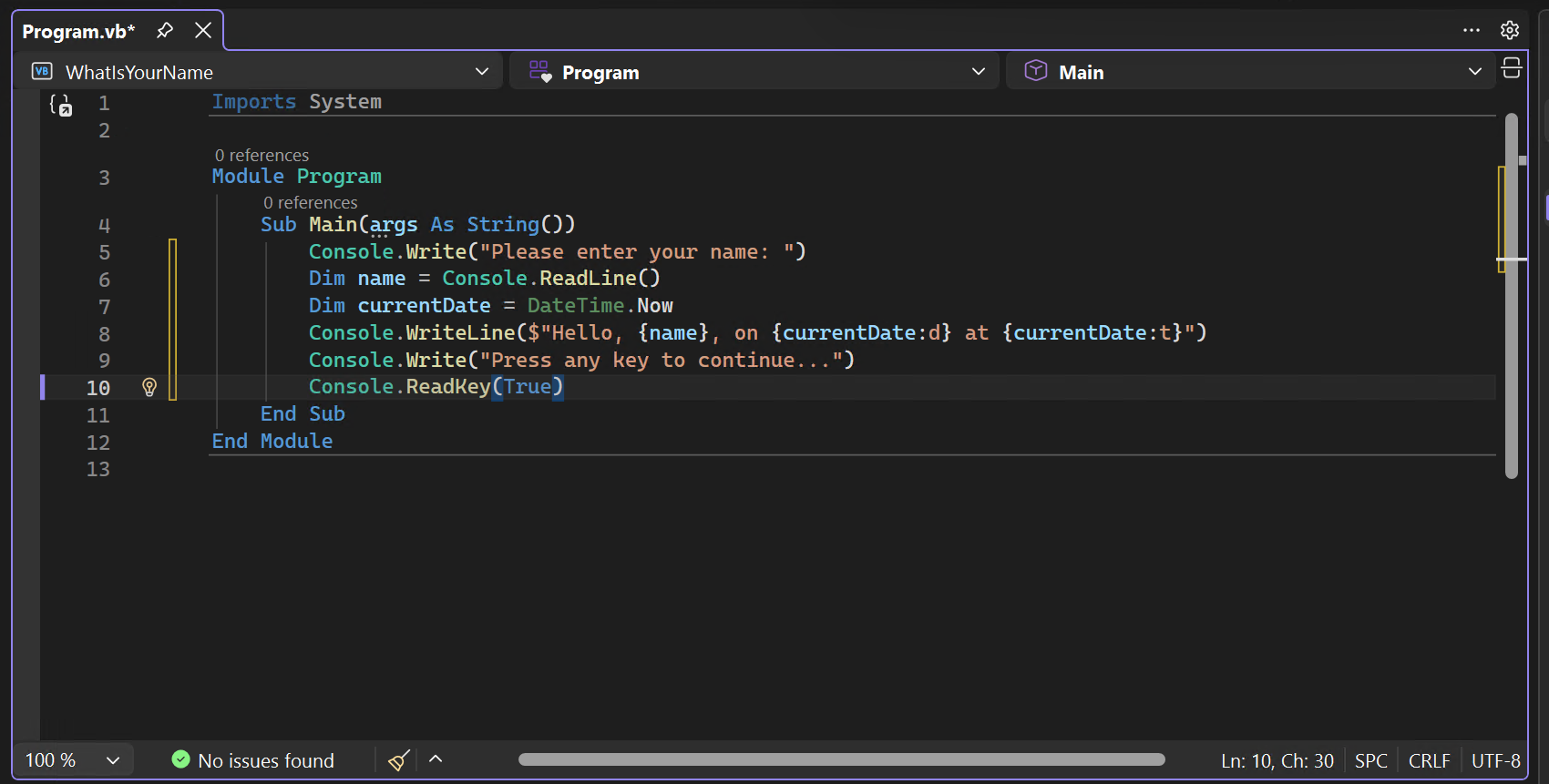 Schermopname van de code voor het bestand 'Program.vb' in het project 'WhatIsYourName' dat is geladen in de Visual Basic-code-editor.