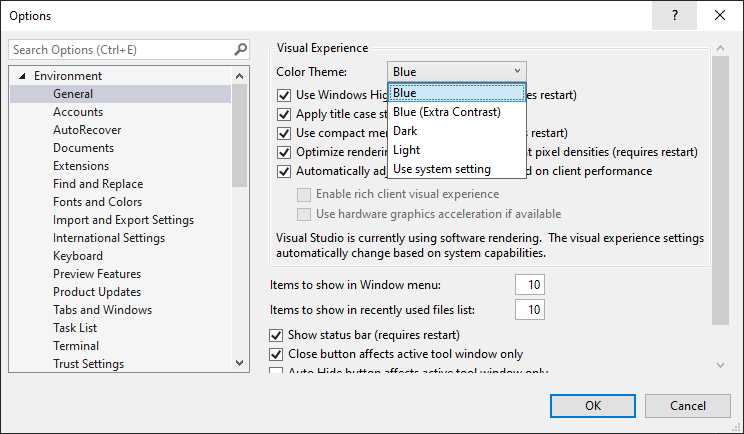 Schermafbeelding waarin het kleurenthema wordt gewijzigd in Blauw in Visual Studio.