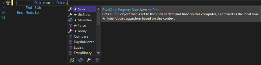 Schermopname van een IntelliSense-ledenlijst in Visual Studio 2022.