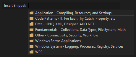 Schermafbeelding met het venster Fragment invoegen met een lijst met categoriemappen met Visual Basic codefragmenten.