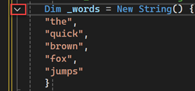 Schermopname van de Visual Studio Code-editor met de knop voor het samenvouwen van het overzicht van een sectie met code gemarkeerd in red.