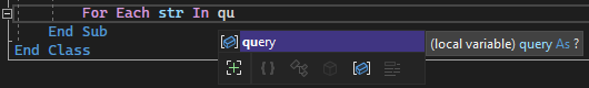 Schermopname van het IntelliSense-venster voor het woord 'query' in de code-editor in Visual Studio.