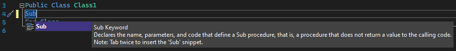 Schermopname van IntelliSense van een Sub-codefragment in Visual Studio.