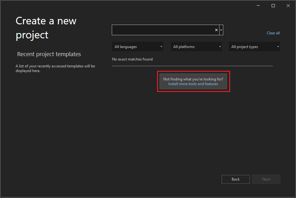 Schermafbeelding met het venster Een nieuw project maken in Visual Studio 2022 met de koppeling Meer hulpprogramma's en onderdelen installeren gemarkeerd.