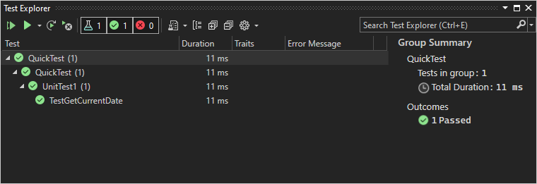 Schermopname van de testverkenner in Visual Studio die laat zien dat de test TestGetCurrentDate is geslaagd.