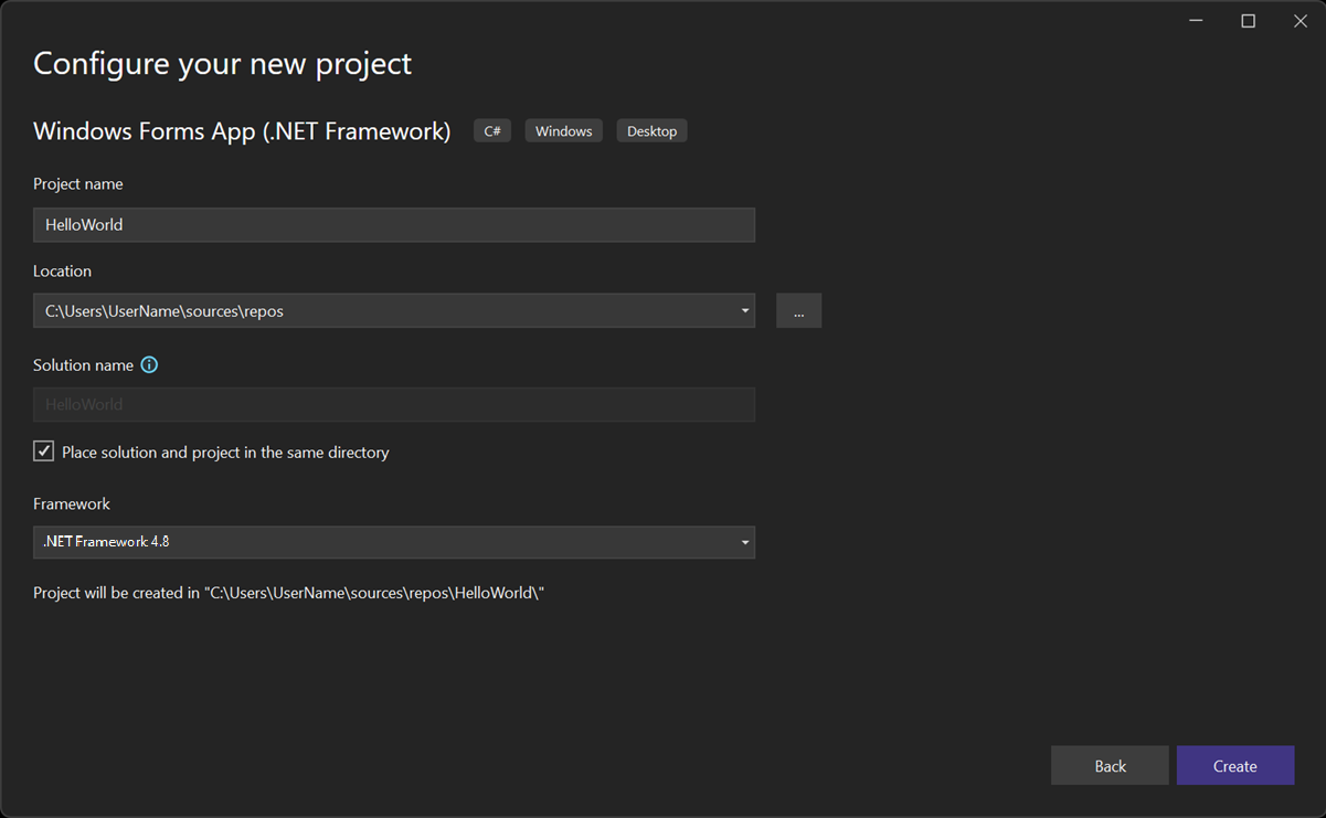 Schermopname toont het venster Uw nieuwe project configureren met de naam HelloWorld ingevoerd.