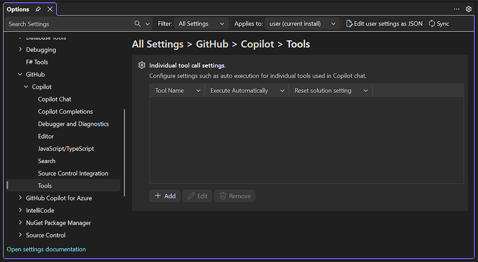 Schermopname met GitHub Copilot instellingen voor het aanroepen van hulpprogramma's in Visual Studio.