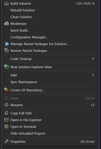 Schermopname van het rechtsklik contextmenu van een oplossingsknooppunt in Solution Explorer.