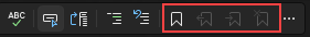Schermafbeelding van de bladwijzeropdrachten en pictogrammen op de werkbalk van de teksteditor in Visual Studio.