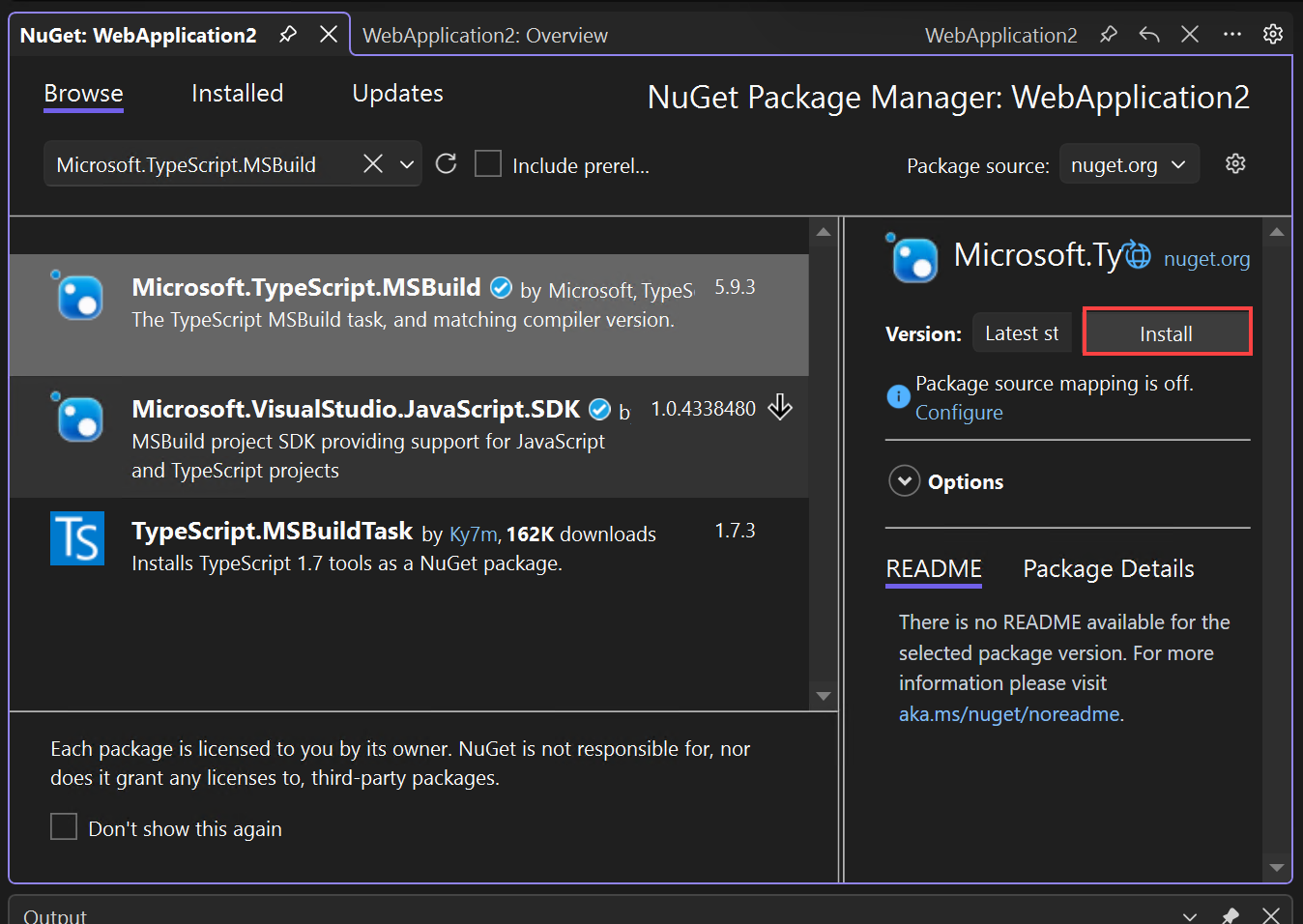 Schermopname van het installeren van het NuGet-pakket.