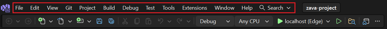Schermopname van de menubalk in Visual Studio.
