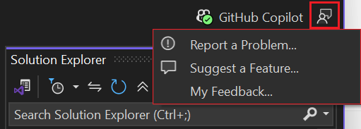 Schermopname die laat zien hoe u het menu Feedback verzenden opent in Visual Studio.
