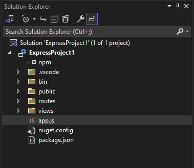 Schermafbeelding van het nieuwe project met Solution Explorer geopend in Visual Studio 2022.