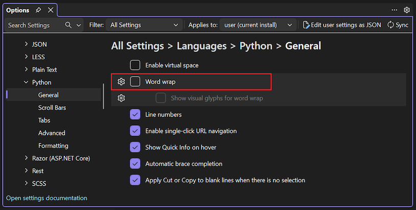 Schermopname van het inschakelen van tekstterugloop voor Python in Visual Studio.