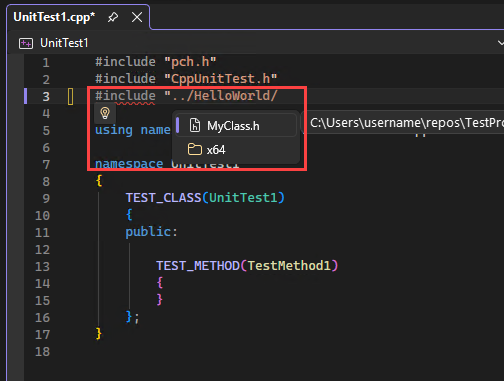 Schermopname van Solution Explorer met een #include instructie met IntelliSense die een headerbestand markeert in Visual Studio.