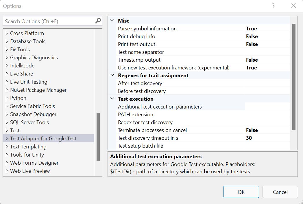 Google Test Project-instellingen