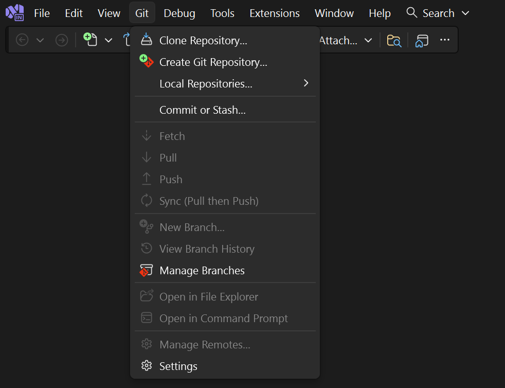 Schermopname van de volledige optie Opslagplaats klonen in het Git-menu in Visual Studio.