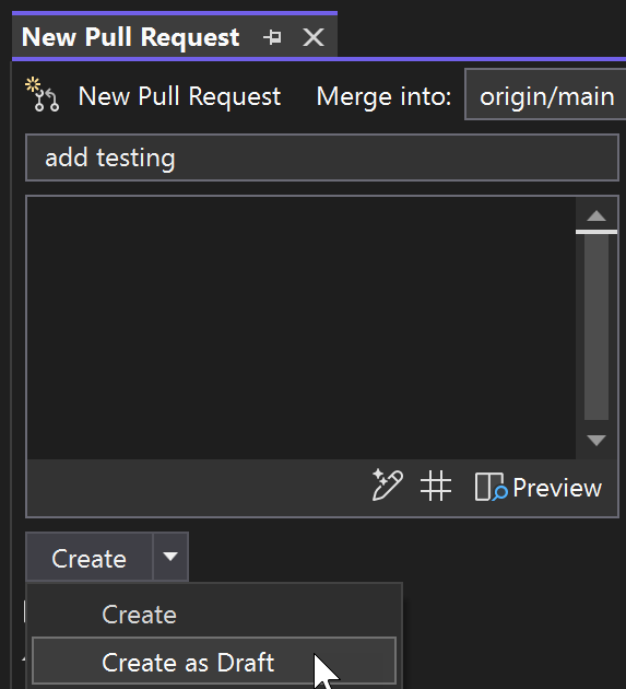 screenshot met de optie om een nieuwe pull request als concept te maken.