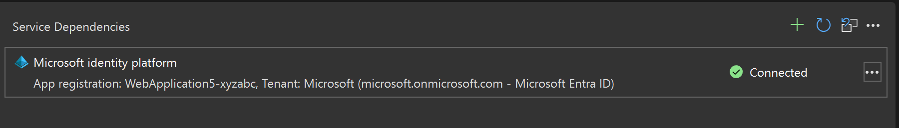 Schermopname van de afhankelijkheid van de Microsoft Identity Platform-service die wordt vermeld als een verbonden service voor het project.