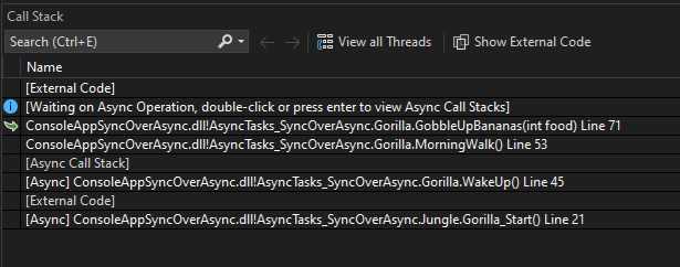 Schermopname van Call Stack nadat u Onderbreken Alles hebt geselecteerd.