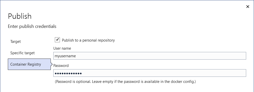 schermopname met de optie voor publiceren naar Docker Hub.