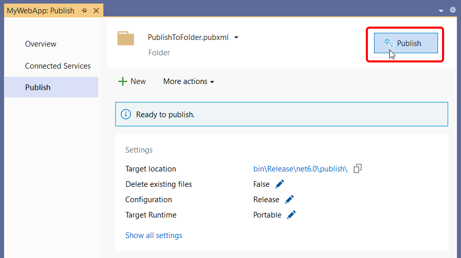 Schermafbeelding van de samenvattingspagina van 'Publiceren naar map'.