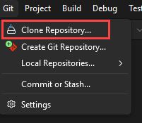 Schermopname van het Git-menu in Visual Studio met Clone Repository geselecteerd.