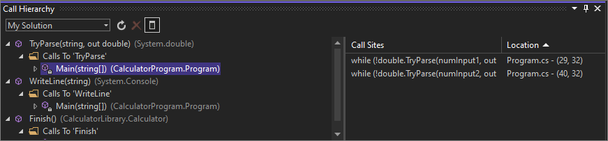 Schermafbeelding met het venster Oproephiërarchie in Visual Studio 2022.