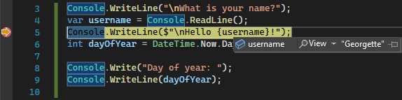 Schermafbeelding met een variabele waarde tijdens foutopsporing in Visual Studio 2022.