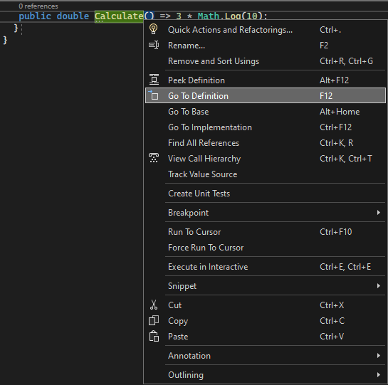 Schermafbeelding met het menu-item Ga naar definitie in Visual Studio 2022.