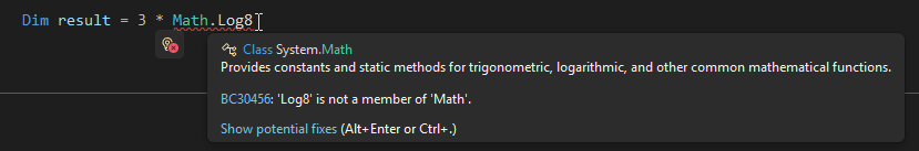 Schermopname van een golvende onderstreping in Visual Studio.