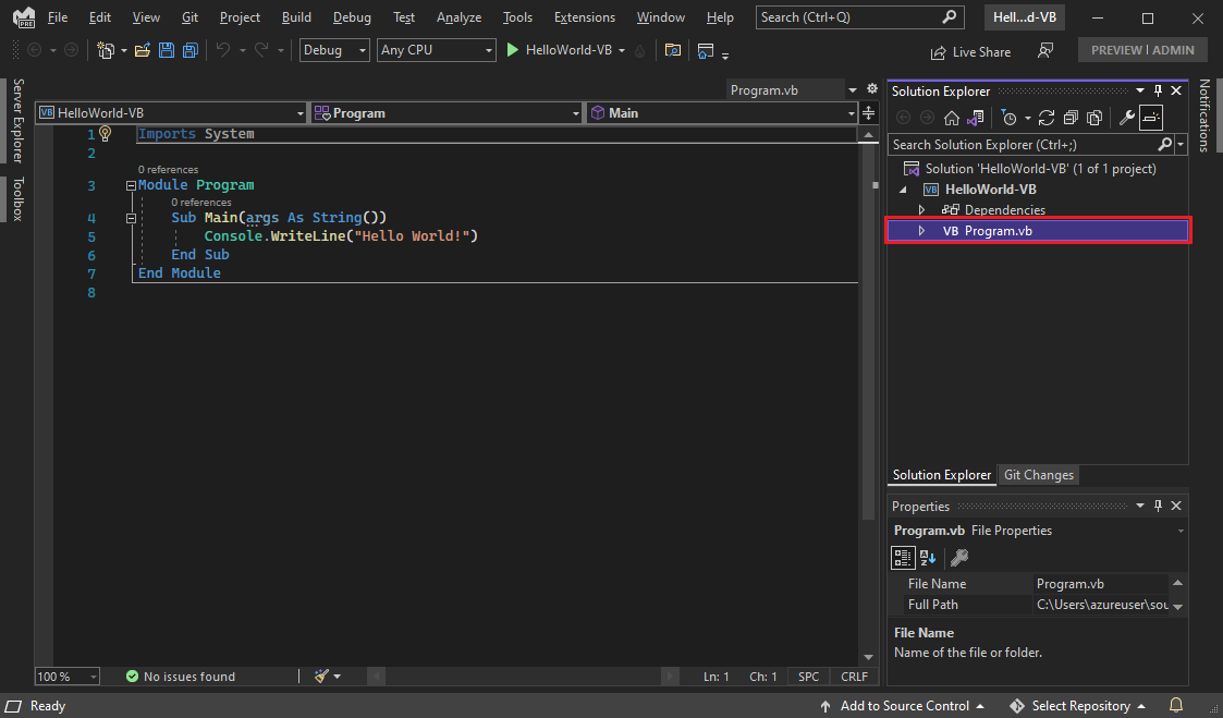 Schermopname van Visual Studio I D E met de code Program dot V B in de editor.
