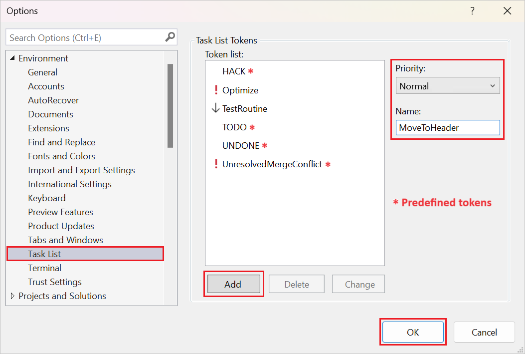 Schermopname van het toevoegen van tokens voor de takenlijst in Visual Studio, inclusief vooraf gedefinieerde en aangepaste tokens.