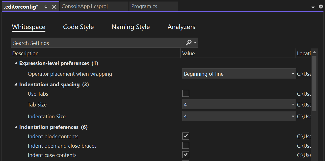 Schermopname van het .editorconfig-bestand.