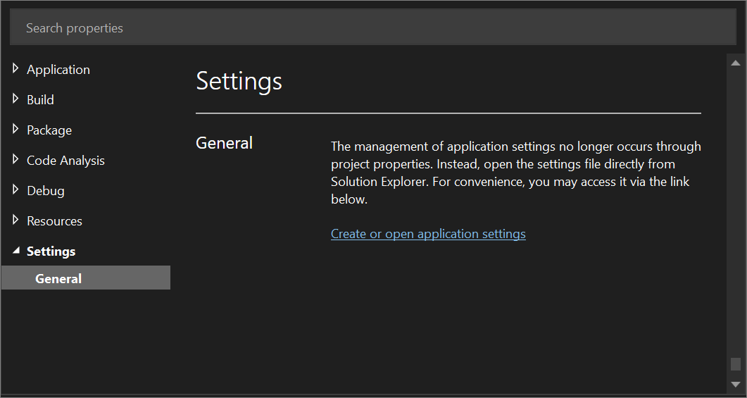 Schermopname van het tabblad Instellingen in Projectontwerper voor een WPF-project in Visual Studio 2022, waar u op een koppeling klikt om het dialoogvenster Instellingen dynamisch te genereren.