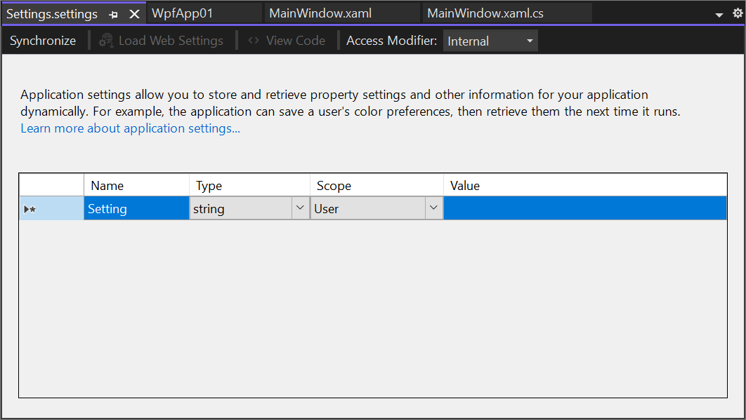 Schermopname van het tabblad Instellingen in Projectontwerper voor een WPF-project in Visual Studio 2022.
