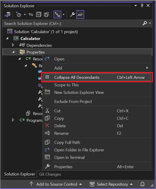 Schermopname van de opdracht Alle afstammelingen samenvouwen vanuit het contextmenu met de rechtermuisknop in Solution Explorer.