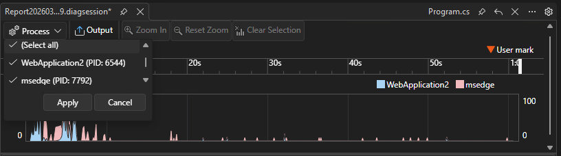 Schermopname van het filter voor meerdere processen.