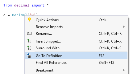 Schermopname van de opdracht Go To Definition in Visual Studio.