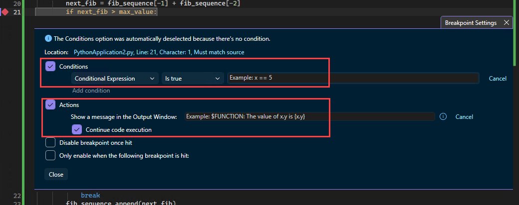 Schermafbeelding die laat zien hoe je traceringspuntacties maakt voor een breekpunt in Visual Studio.