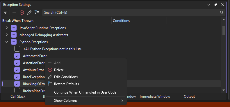 Schermopname van het venster Uitzonderingeninstellingen in het foutopsporingsprogramma van Visual Studio.