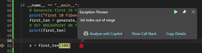 Schermafbeelding die een uitzondering-pop-up toont voor een onverwerkte fout in de Visual Studio-debugger.