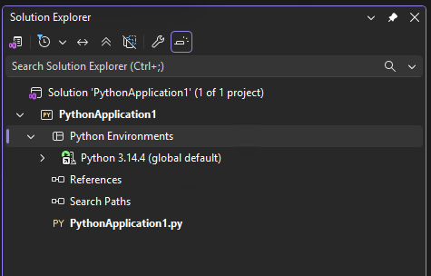 Schermafbeelding met de algemene standaardomgeving voor Python voor een project in Solution Explorer in Visual Studio.