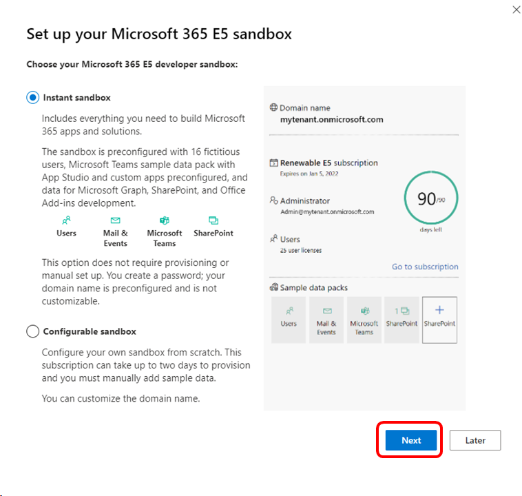 Microsoft 365 Developer Sandbox-keuze